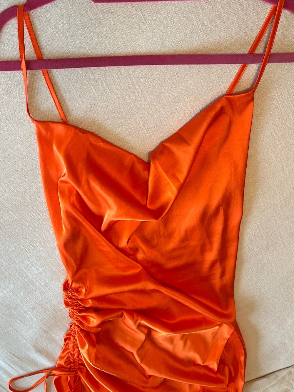 Satin Cowl Neck Spaghetti Strap Dress in Orange